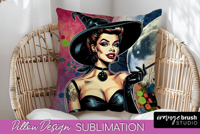 Halloween Witch Pillow Cover - Retro Pillow Sublimation PNG Sublimation OrangeBrushStudio 