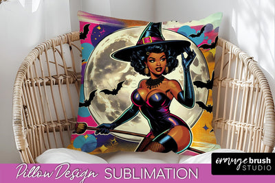 Halloween Witch Pillow Cover - Retro Pillow Sublimation PNG Sublimation OrangeBrushStudio 
