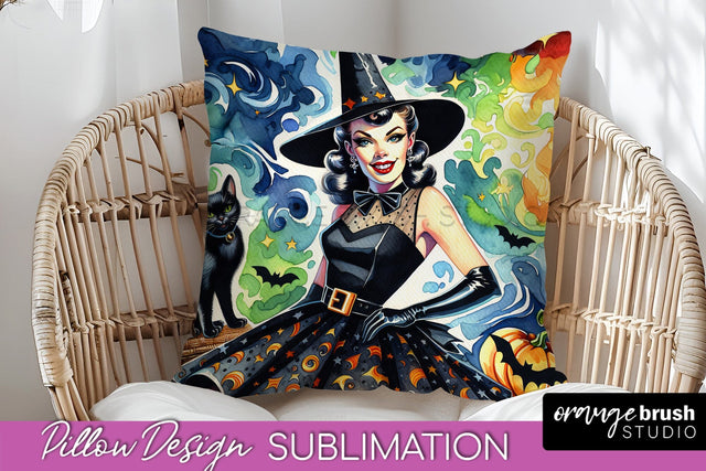 Halloween Witch Pillow Cover - Retro Pillow Sublimation PNG Sublimation OrangeBrushStudio 