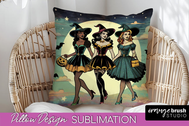 Halloween Witch Pillow Cover - Retro Pillow Sublimation PNG Sublimation OrangeBrushStudio 