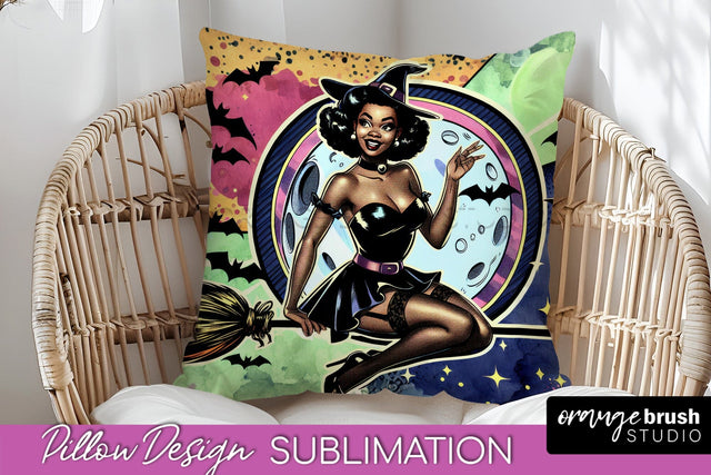 Halloween Witch Pillow Cover - Retro Pillow Sublimation PNG Sublimation OrangeBrushStudio 