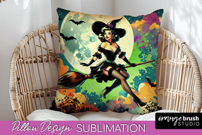Halloween Witch Pillow Cover - Retro Pillow Sublimation PNG Sublimation OrangeBrushStudio 