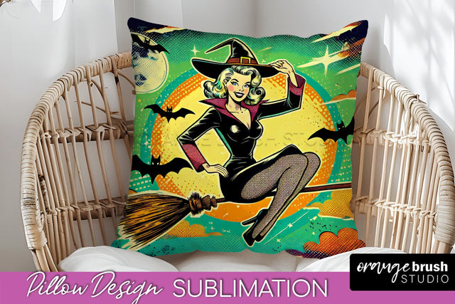 Halloween Witch Pillow Cover - Retro Pillow Sublimation PNG Sublimation OrangeBrushStudio 