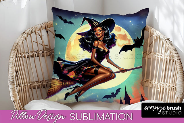 Halloween Witch Pillow Cover - Retro Pillow Sublimation PNG Sublimation OrangeBrushStudio 