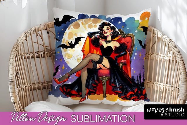 Halloween Witch Pillow Cover - Retro Pillow Sublimation PNG Sublimation OrangeBrushStudio 