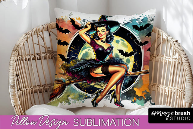 Halloween Witch Pillow Cover - Retro Pillow Sublimation PNG Sublimation OrangeBrushStudio 