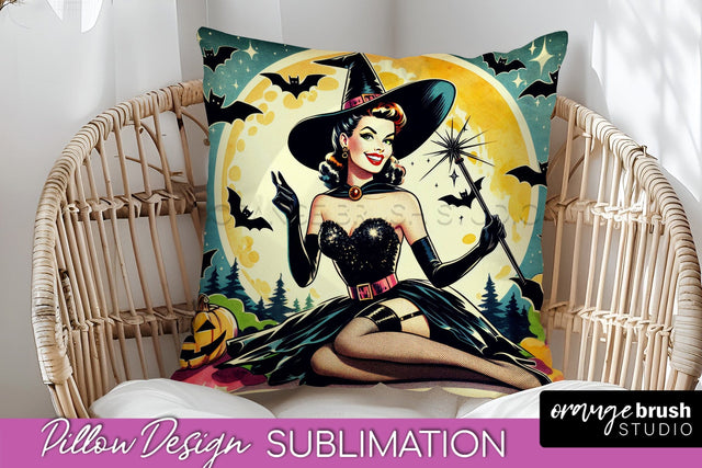 Halloween Witch Pillow Cover - Retro Pillow Sublimation PNG Sublimation OrangeBrushStudio 