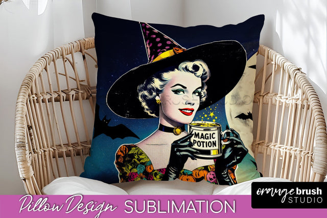 Halloween Witch Pillow Cover - Retro Pillow Sublimation PNG Sublimation OrangeBrushStudio 