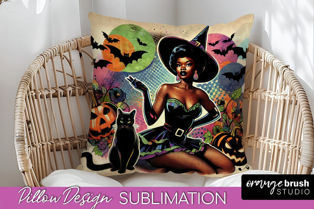 Halloween Witch Pillow Cover - Retro Pillow Sublimation PNG Sublimation OrangeBrushStudio 