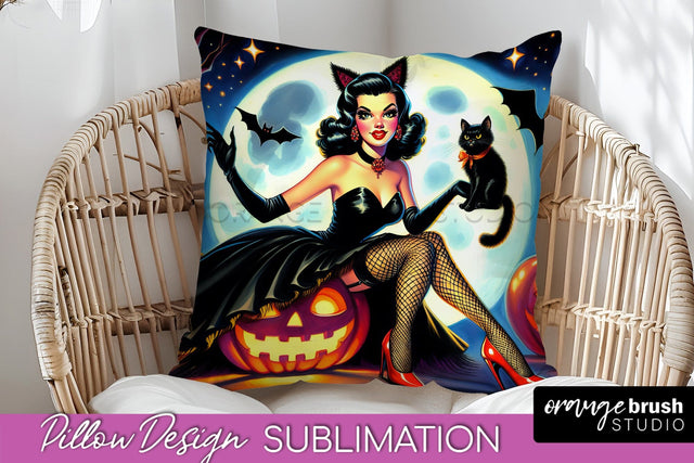 Halloween Witch Pillow Cover - Retro Pillow Sublimation PNG Sublimation OrangeBrushStudio 