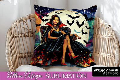 Halloween Witch Pillow Cover - Retro Pillow Sublimation PNG Sublimation OrangeBrushStudio 