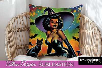 Halloween Witch Pillow Cover - Retro Pillow Sublimation PNG Sublimation OrangeBrushStudio 