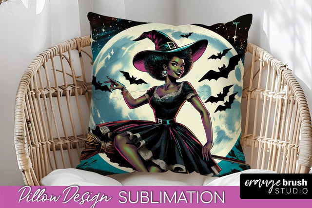 Halloween Witch Pillow Cover - Retro Pillow Sublimation PNG Sublimation OrangeBrushStudio 