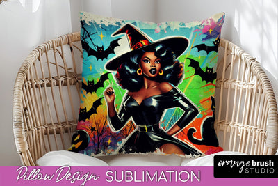 Halloween Witch Pillow Cover - Retro Pillow Sublimation PNG Sublimation OrangeBrushStudio 