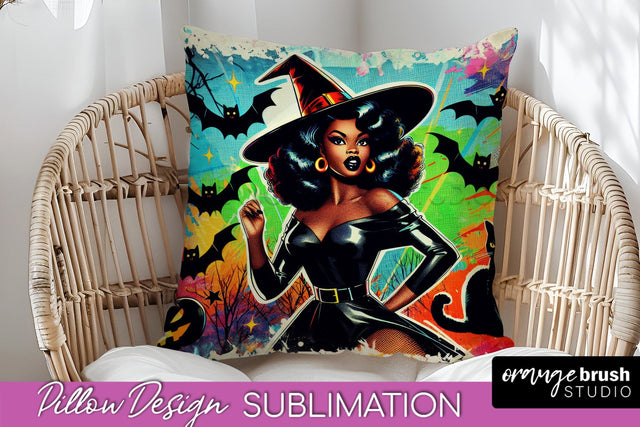 Halloween Witch Pillow Cover - Retro Pillow Sublimation PNG Sublimation OrangeBrushStudio 