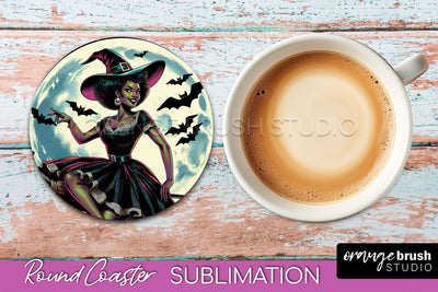 Halloween Witch Round Coaster, Retro Coaster Sublimation PNG Sublimation OrangeBrushStudio 