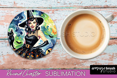 Halloween Witch Round Coaster, Retro Coaster Sublimation PNG Sublimation OrangeBrushStudio 
