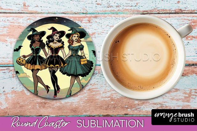 Halloween Witch Round Coaster, Retro Coaster Sublimation PNG Sublimation OrangeBrushStudio 