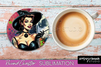 Halloween Witch Round Coaster, Retro Coaster Sublimation PNG Sublimation OrangeBrushStudio 