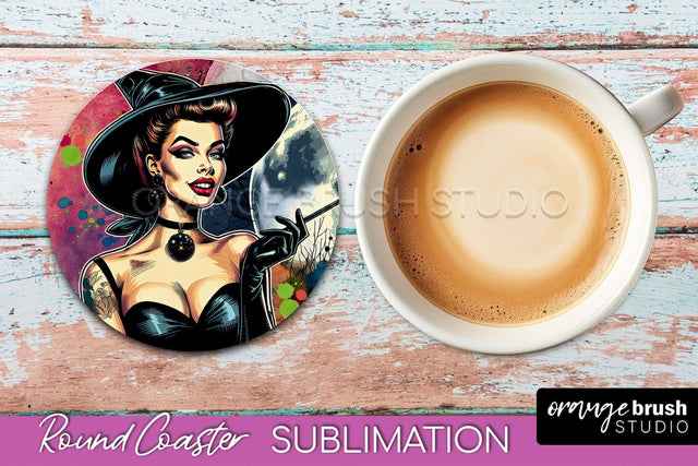 Halloween Witch Round Coaster, Retro Coaster Sublimation PNG Sublimation OrangeBrushStudio 