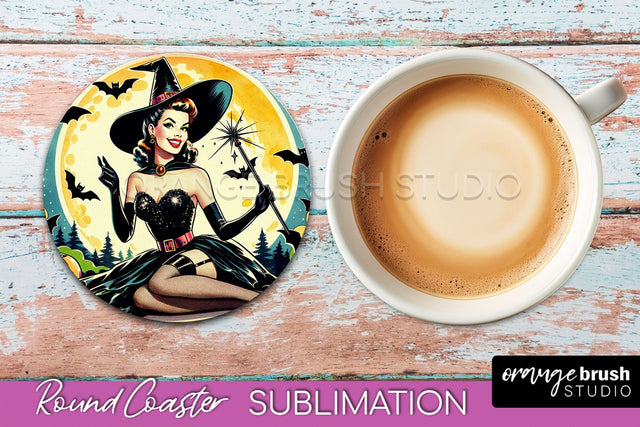 Halloween Witch Round Coaster, Retro Coaster Sublimation PNG Sublimation OrangeBrushStudio 