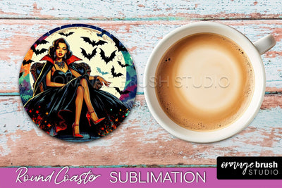 Halloween Witch Round Coaster, Retro Coaster Sublimation PNG Sublimation OrangeBrushStudio 