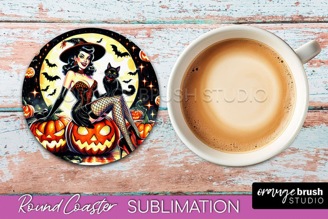 Halloween Witch Round Coaster, Retro Coaster Sublimation PNG Sublimation OrangeBrushStudio 
