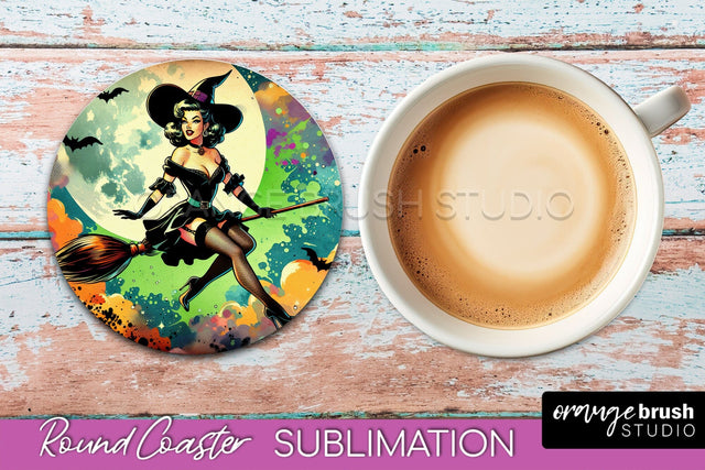 Halloween Witch Round Coaster, Retro Coaster Sublimation PNG Sublimation OrangeBrushStudio 