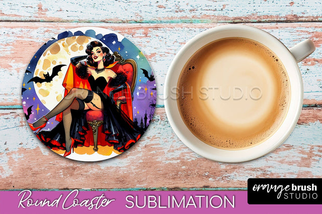 Halloween Witch Round Coaster, Retro Coaster Sublimation PNG Sublimation OrangeBrushStudio 