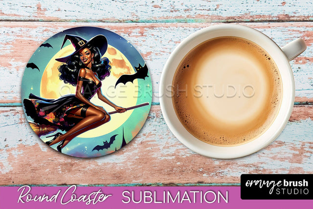 Halloween Witch Round Coaster, Retro Coaster Sublimation PNG Sublimation OrangeBrushStudio 