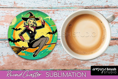 Halloween Witch Round Coaster, Retro Coaster Sublimation PNG Sublimation OrangeBrushStudio 