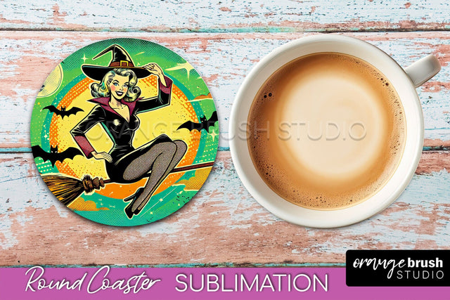 Halloween Witch Round Coaster, Retro Coaster Sublimation PNG Sublimation OrangeBrushStudio 