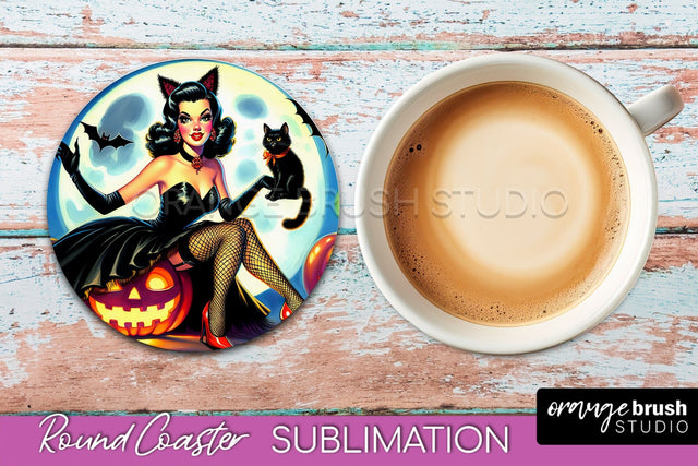 Halloween Witch Round Coaster, Retro Coaster Sublimation PNG Sublimation OrangeBrushStudio 