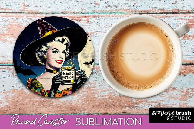 Halloween Witch Round Coaster, Retro Coaster Sublimation PNG Sublimation OrangeBrushStudio 