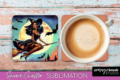 Halloween Witch Square Coaster, Retro Coaster Sublimation Sublimation OrangeBrushStudio 