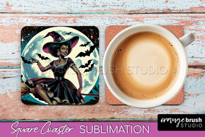 Halloween Witch Square Coaster, Retro Coaster Sublimation Sublimation OrangeBrushStudio 