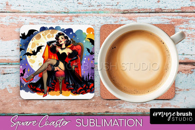 Halloween Witch Square Coaster, Retro Coaster Sublimation Sublimation OrangeBrushStudio 