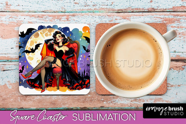 Halloween Witch Square Coaster, Retro Coaster Sublimation Sublimation OrangeBrushStudio 