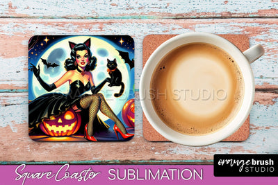 Halloween Witch Square Coaster, Retro Coaster Sublimation Sublimation OrangeBrushStudio 
