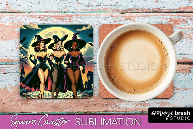 Halloween Witch Square Coaster, Retro Coaster Sublimation Sublimation OrangeBrushStudio 