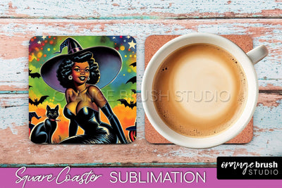Halloween Witch Square Coaster, Retro Coaster Sublimation Sublimation OrangeBrushStudio 