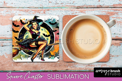 Halloween Witch Square Coaster, Retro Coaster Sublimation Sublimation OrangeBrushStudio 