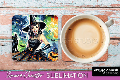Halloween Witch Square Coaster, Retro Coaster Sublimation Sublimation OrangeBrushStudio 
