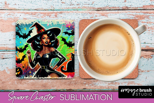 Halloween Witch Square Coaster, Retro Coaster Sublimation Sublimation OrangeBrushStudio 
