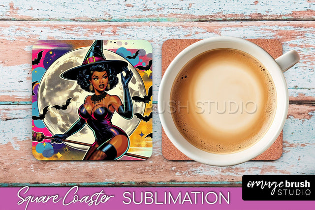 Halloween Witch Square Coaster, Retro Coaster Sublimation Sublimation OrangeBrushStudio 