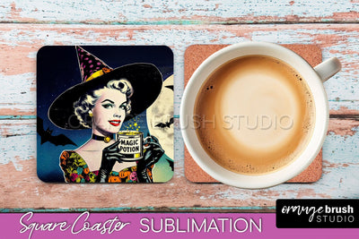 Halloween Witch Square Coaster, Retro Coaster Sublimation Sublimation OrangeBrushStudio 