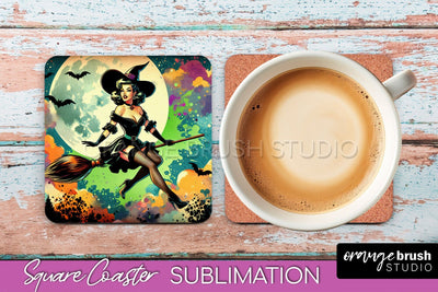 Halloween Witch Square Coaster, Retro Coaster Sublimation Sublimation OrangeBrushStudio 