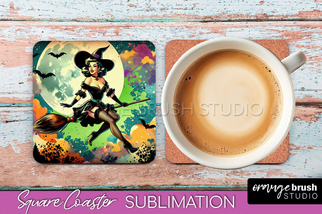 Halloween Witch Square Coaster, Retro Coaster Sublimation Sublimation OrangeBrushStudio 