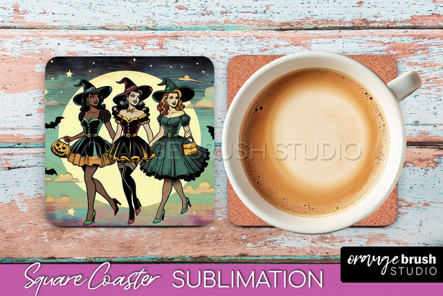 Halloween Witch Square Coaster, Retro Coaster Sublimation Sublimation OrangeBrushStudio 
