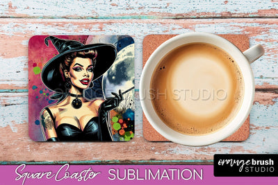 Halloween Witch Square Coaster, Retro Coaster Sublimation Sublimation OrangeBrushStudio 